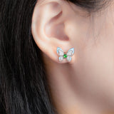Sterling Silver Zirco Green Genuine Jade Butterfly Stud Earrings