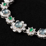 Adjustable Sterling Silver Flower Bracelet with Zircon and Jade - Y080 Close Look