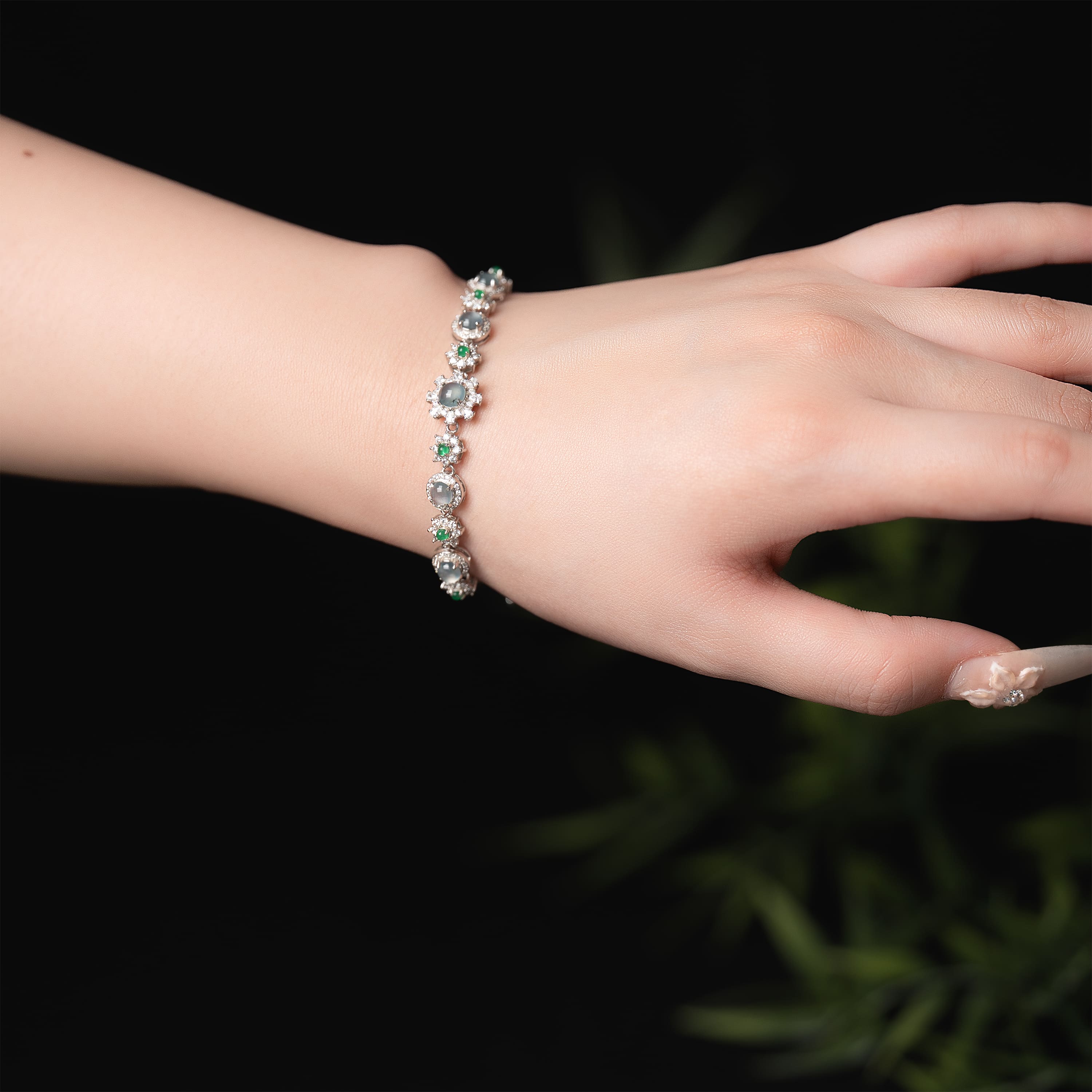Adjustable Sterling Silver Flower Bracelet with Zircon and Jade - Y080 Hand On Display