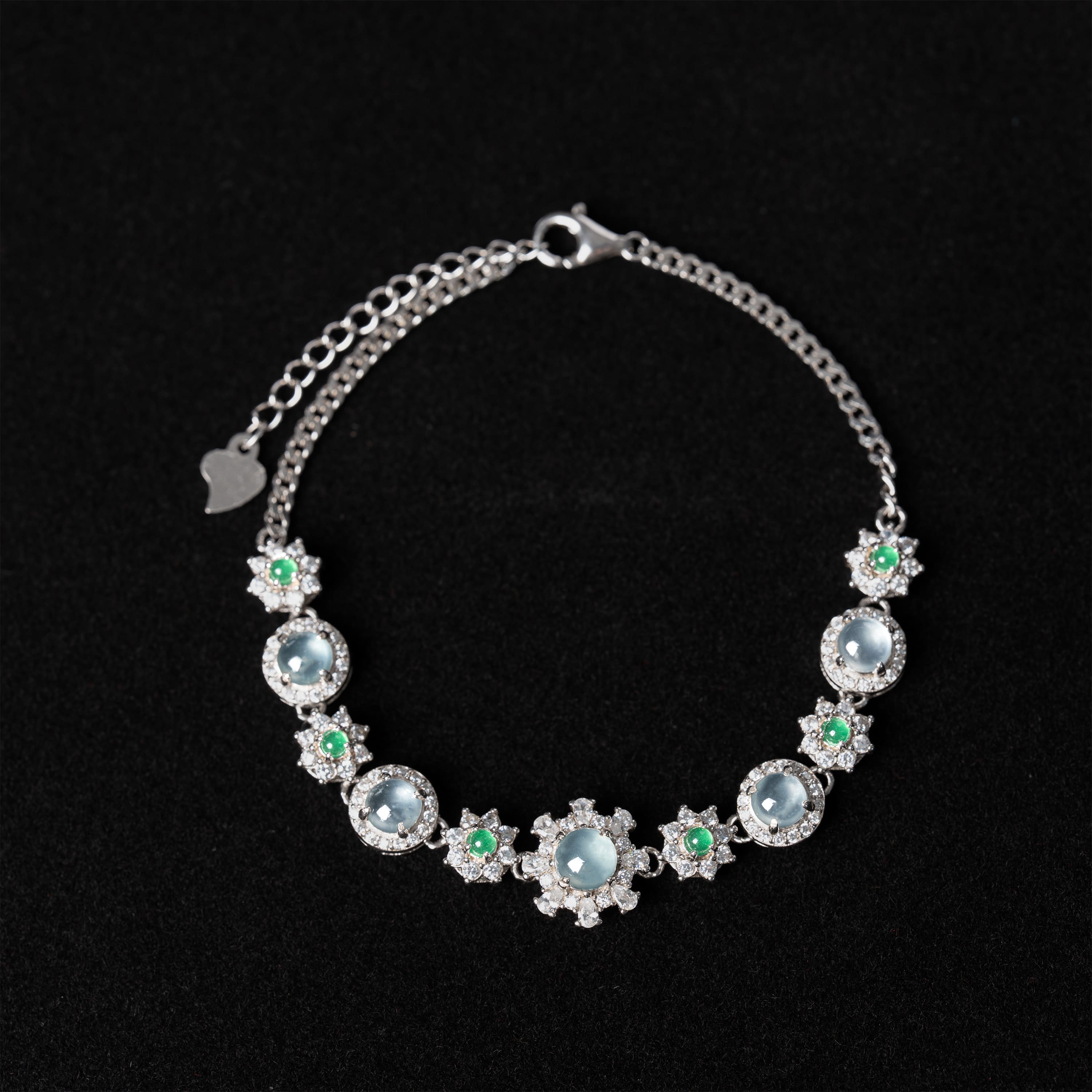 Adjustable Sterling Silver Flower Bracelet with Zircon and Jade - Y080 Main Pic
