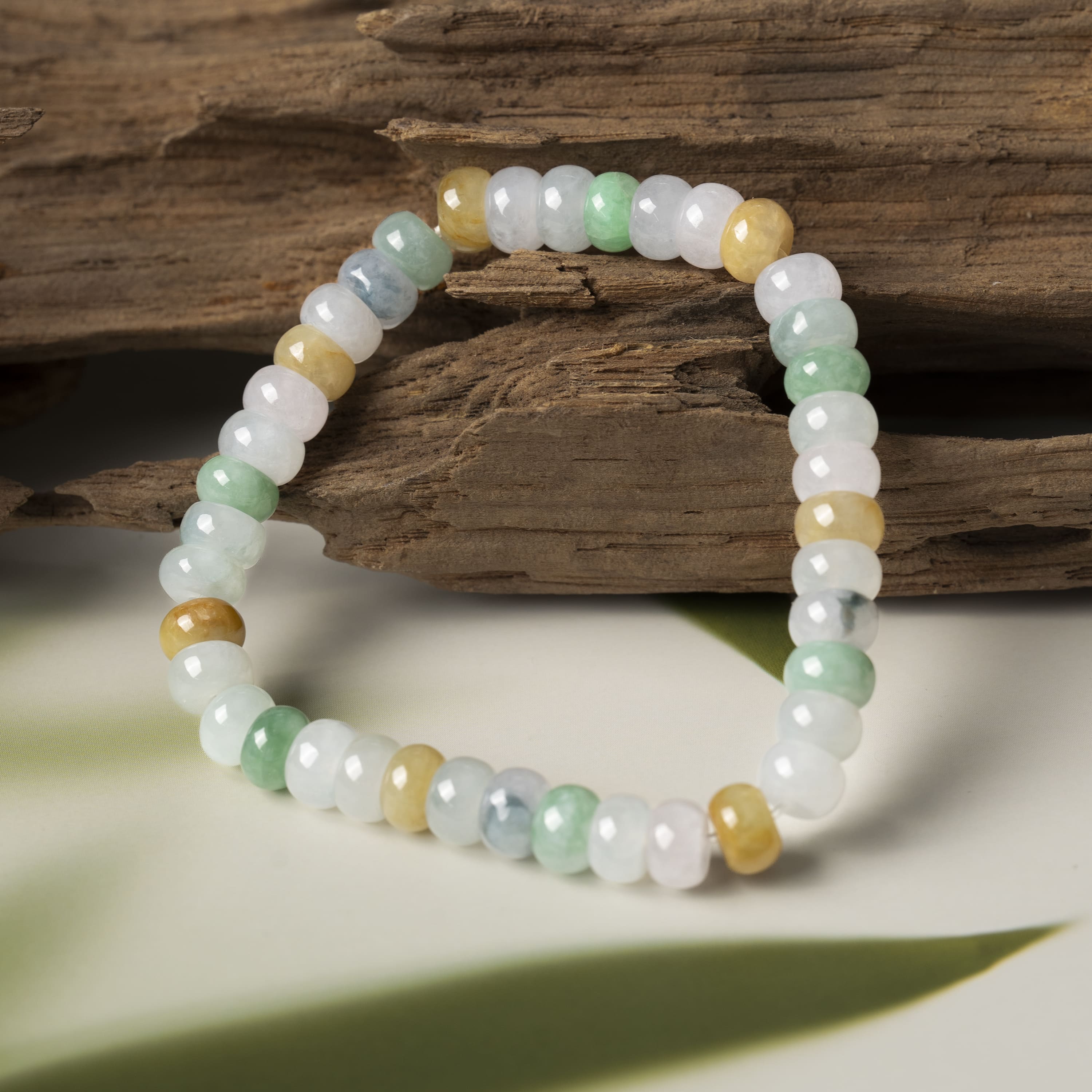 Natural Burmese Yellow White Green Jadeite Beads Bracelet (13mm) - Y013 Display