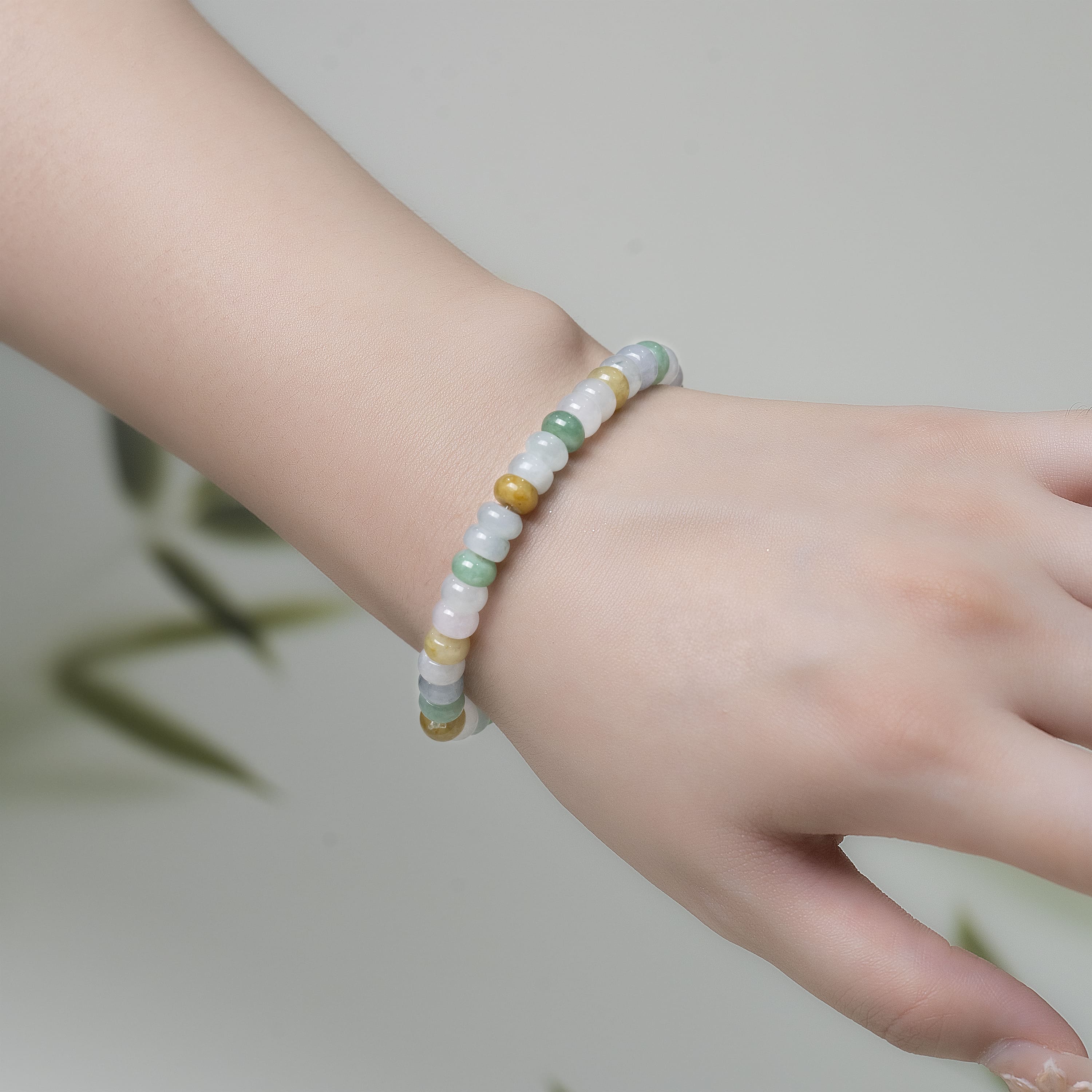 Natural Burmese Yellow White Green Jadeite Beads Bracelet (13mm) - Y013 Hand-on